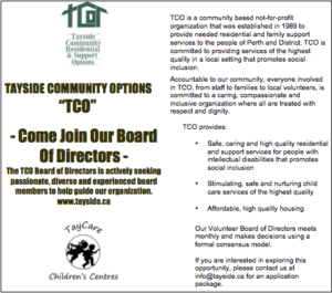 TAYSIDE COMMUNITY OPTIONS “TCO” – Come Join Our Board Of Directors – The TCO Board of Directors is actively seeking passionate, diverse and experienced board members to help guide our organization. tayside.ca